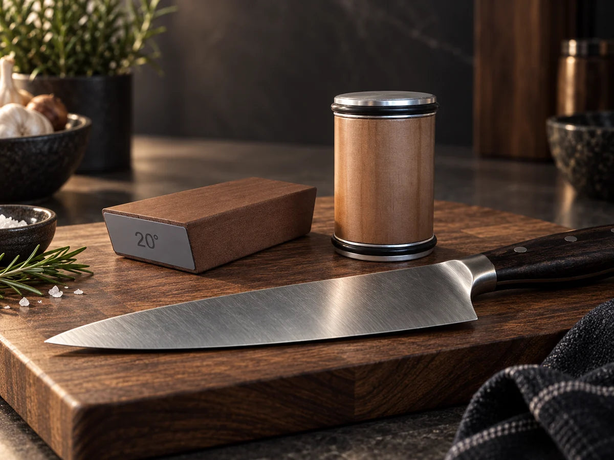 L’aiguiseur Maison Acera et son socle sur une planche en bois, à côté d’un couteau et d’herbes fraîches dans une cuisine.
