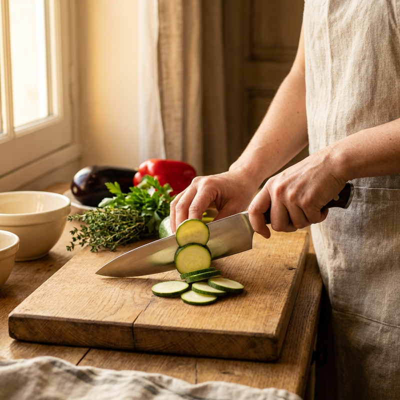 Une personne prépare un repas en coupant une courgette sur une planche en bois.