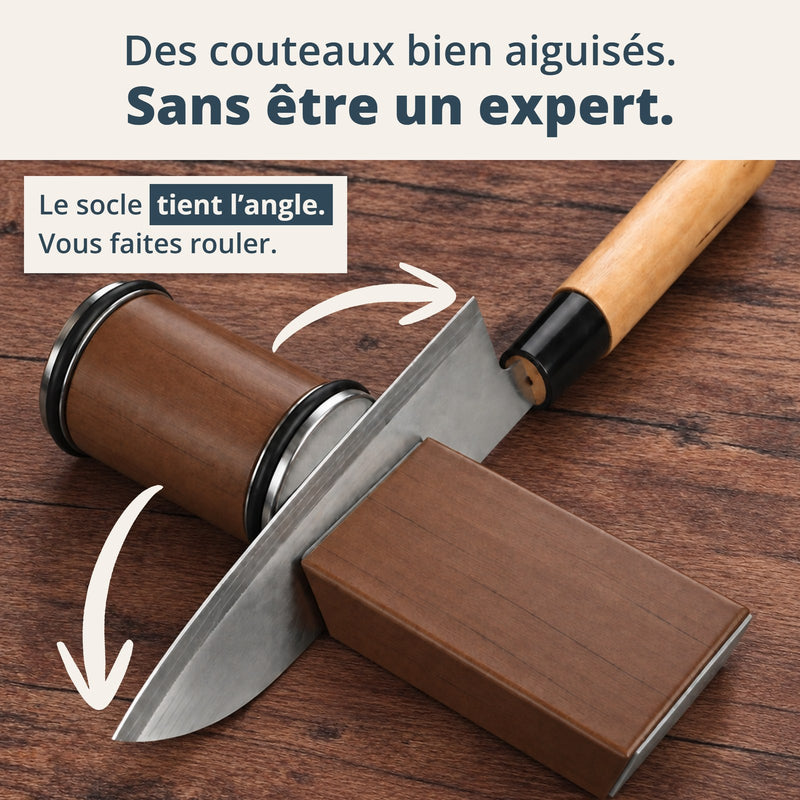 Des couteaux bien aiguisés sans être un expert : le socle tient l’angle, vous faites rouler l’aiguiseur le long de la lame.