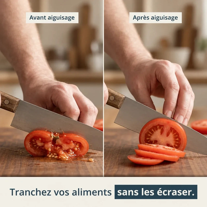 Avant aiguisage : une tomate écrasée à gauche. Après aiguisage : des tranches nettes à droite.