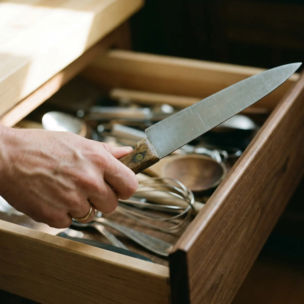 Une main retrouve un couteau familier dans le tiroir de la cuisine.