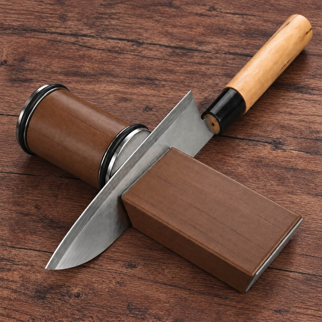 Le couteau repose contre son socle pendant que l’aiguiseur roule le long du tranchant.